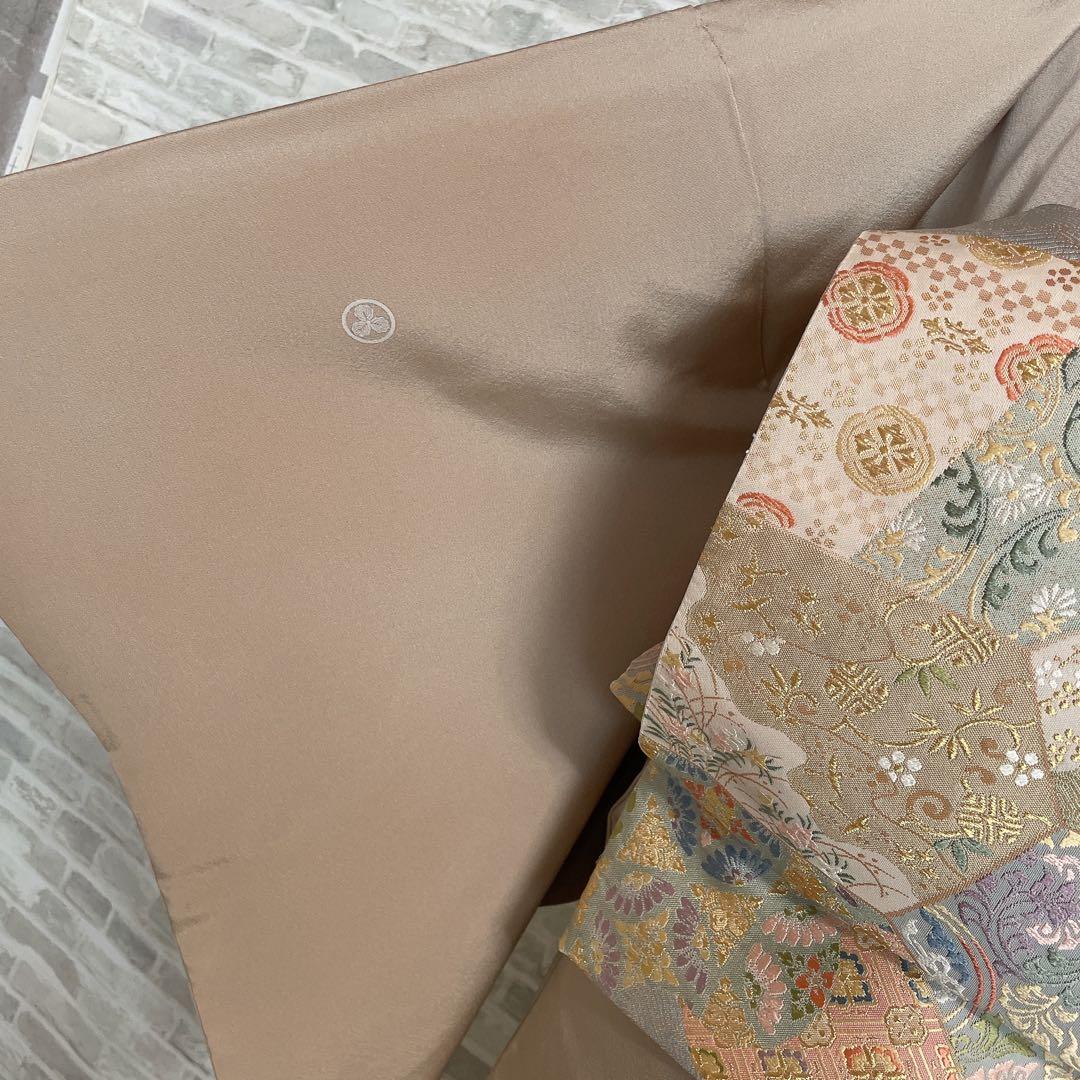 色留袖　フルセット　稲穂　鳥　丸に三つ柏　金駒　金彩　五つ紋　比翼仕立て　L3