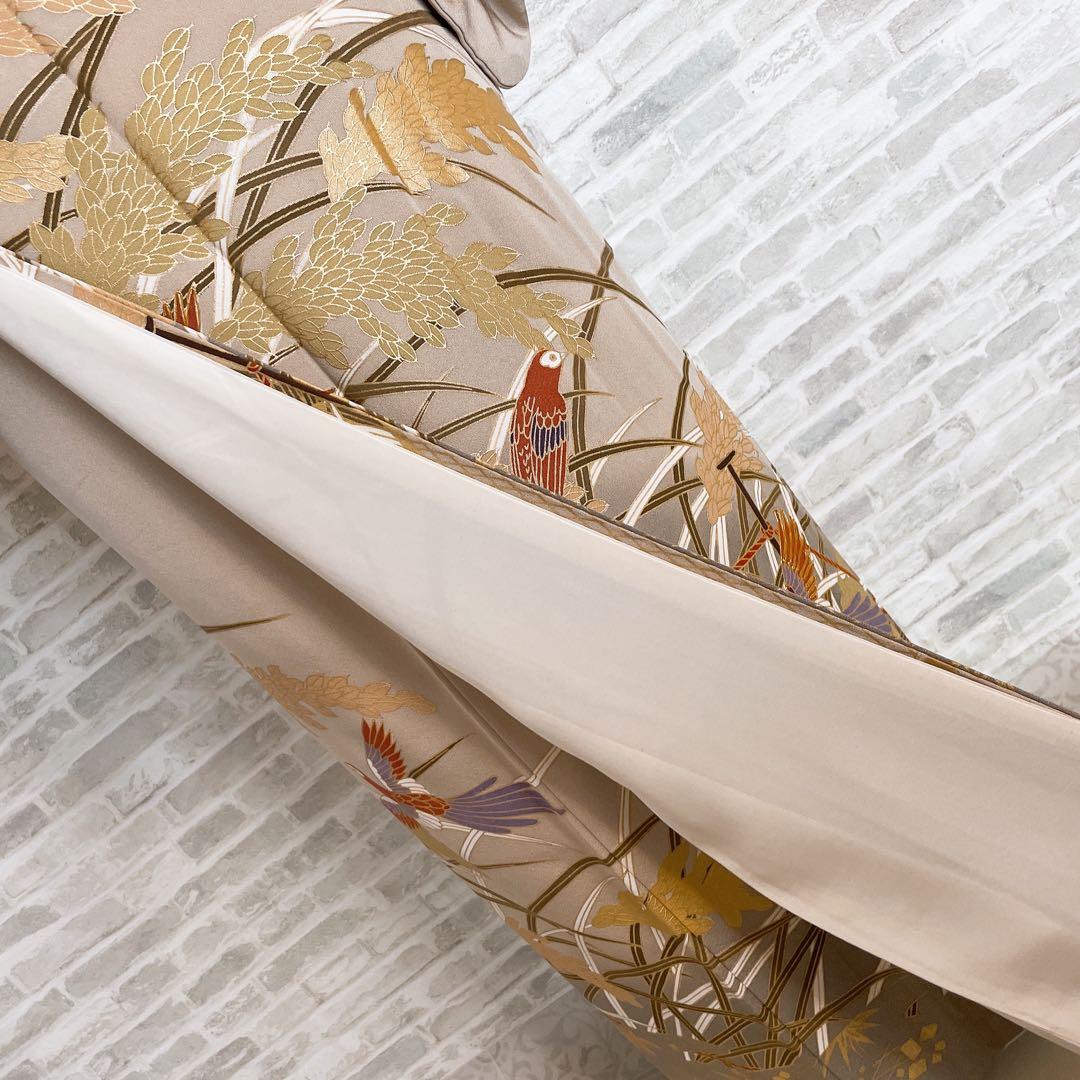 色留袖　フルセット　稲穂　鳥　丸に三つ柏　金駒　金彩　五つ紋　比翼仕立て　L3