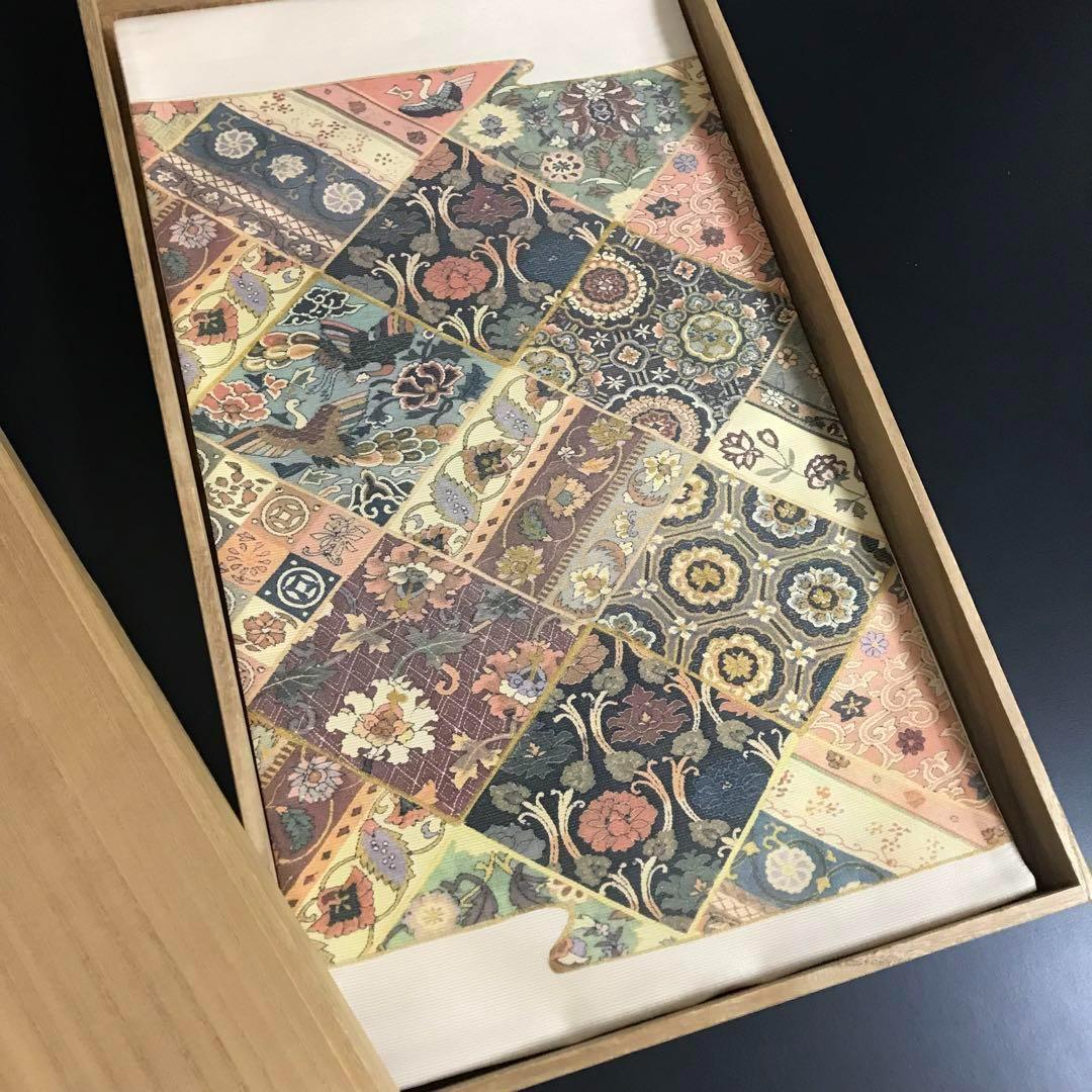 FF-192 袋帯 銀通し 正絹 太鼓柄 オリエンタル ボタニカル 美品