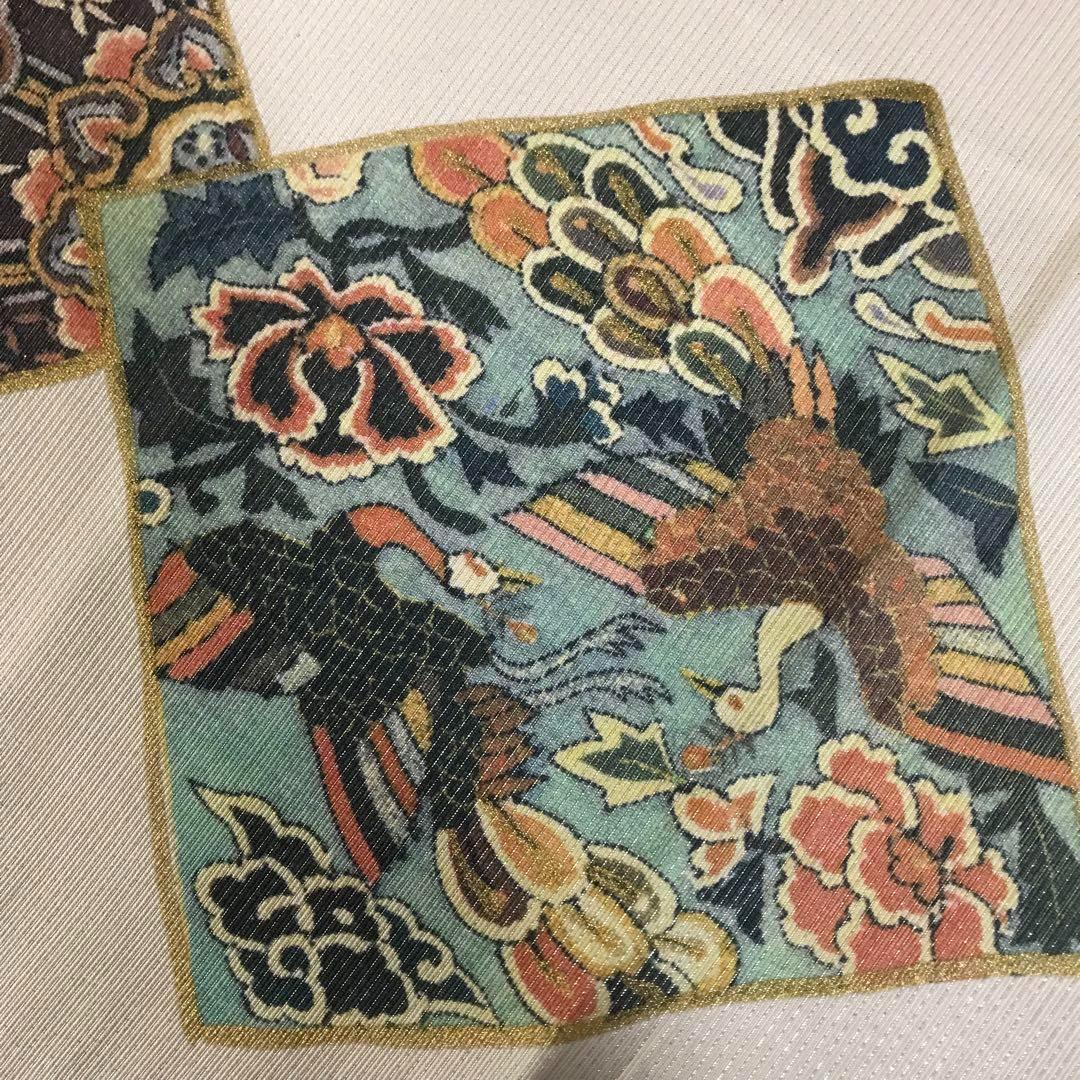 FF-192 袋帯 銀通し 正絹 太鼓柄 オリエンタル ボタニカル 美品