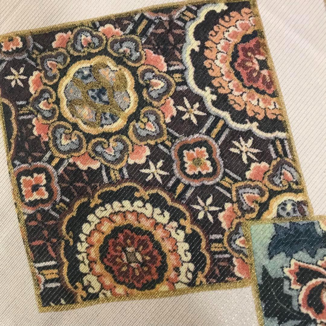 FF-192 袋帯 銀通し 正絹 太鼓柄 オリエンタル ボタニカル 美品