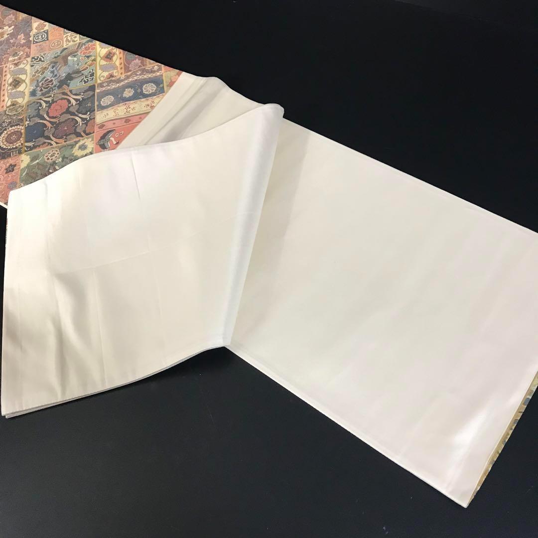 FF-192 袋帯 銀通し 正絹 太鼓柄 オリエンタル ボタニカル 美品