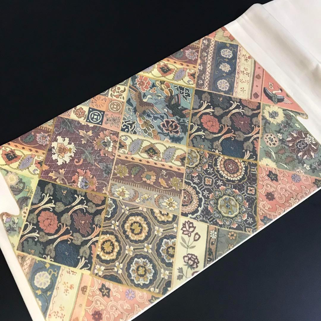 FF-192 袋帯 銀通し 正絹 太鼓柄 オリエンタル ボタニカル 美品