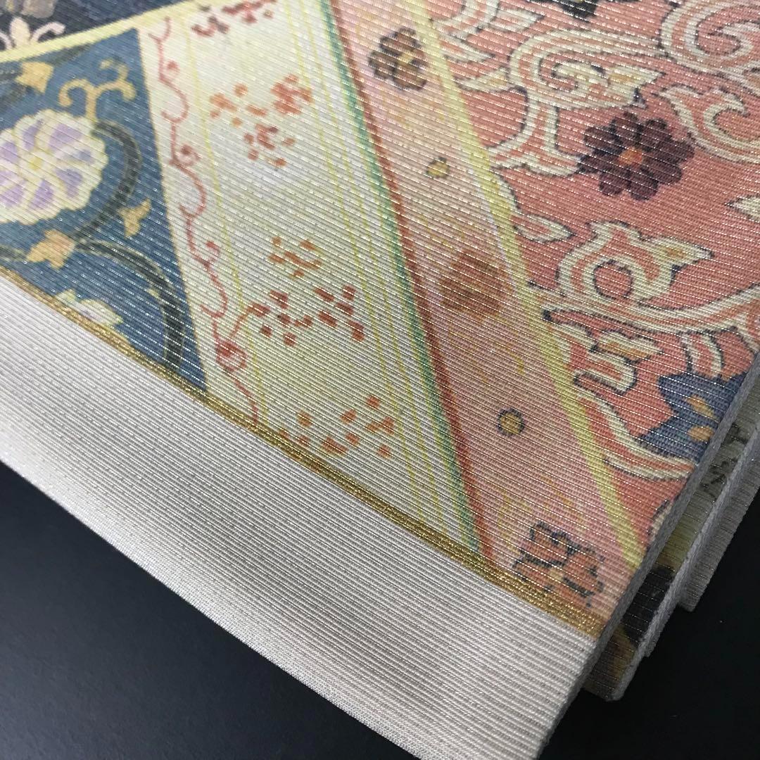 FF-192 袋帯 銀通し 正絹 太鼓柄 オリエンタル ボタニカル 美品