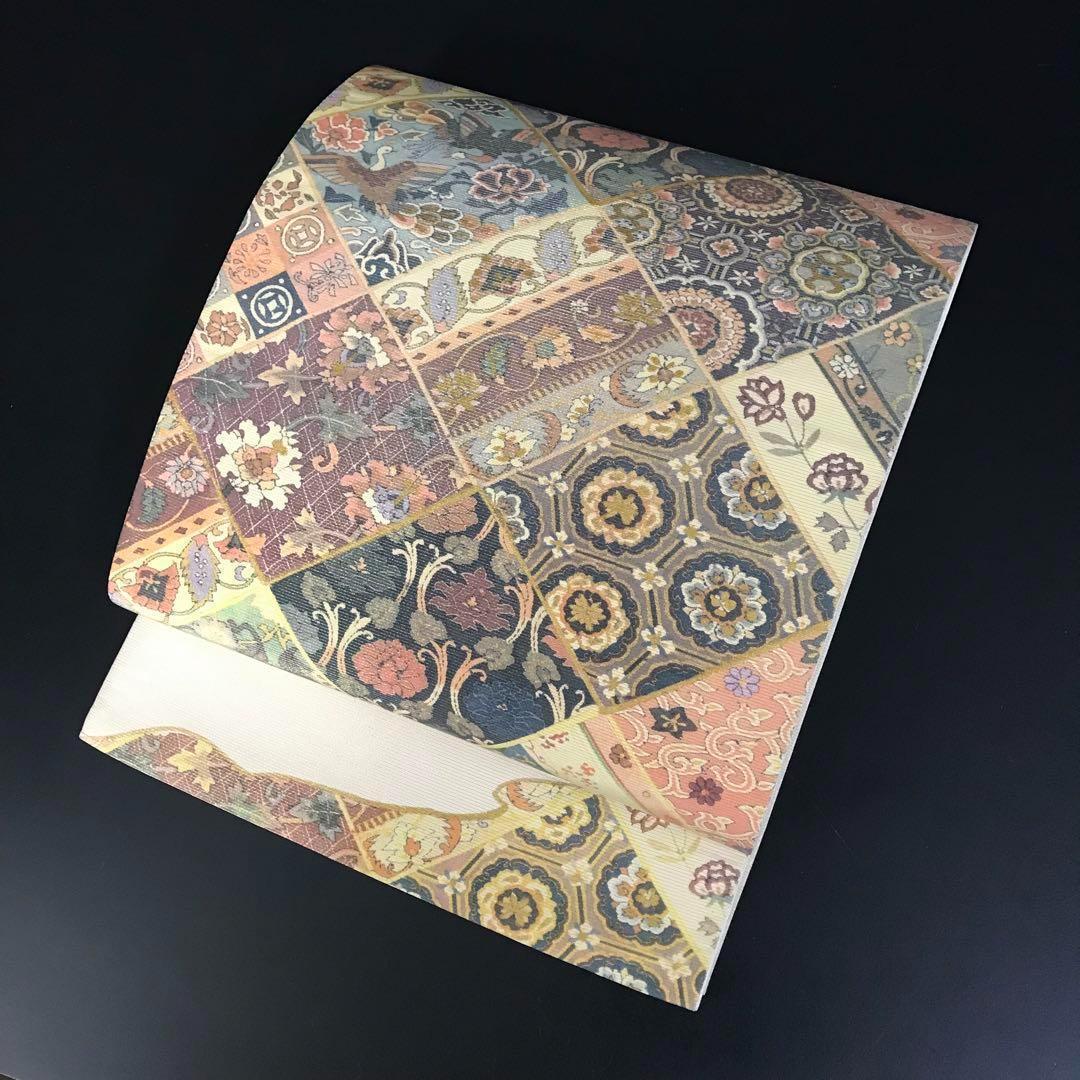 FF-192 袋帯 銀通し 正絹 太鼓柄 オリエンタル ボタニカル 美品