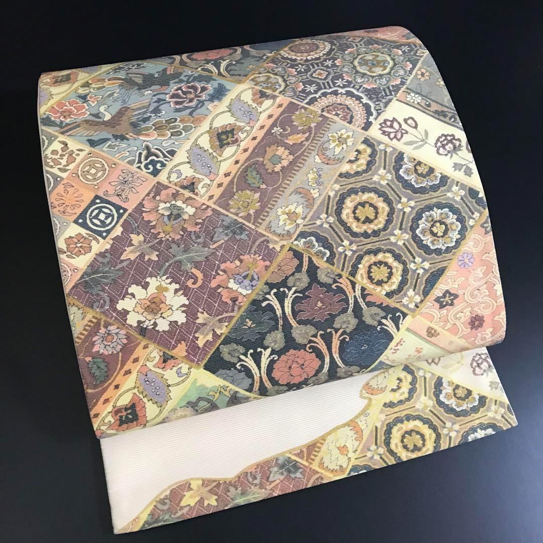 FF-192 袋帯 銀通し 正絹 太鼓柄 オリエンタル ボタニカル 美品