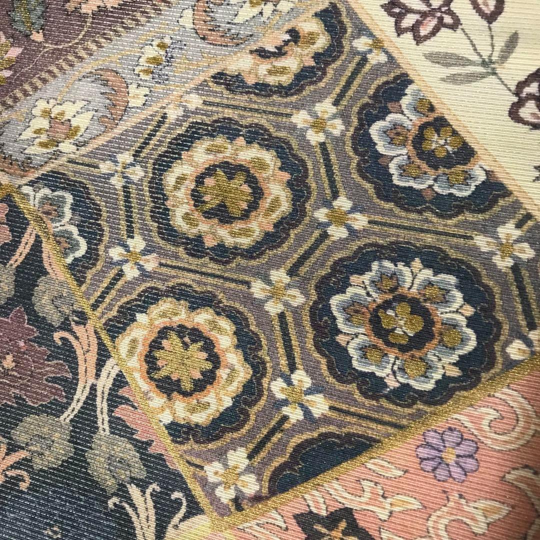 FF-192 袋帯 銀通し 正絹 太鼓柄 オリエンタル ボタニカル 美品