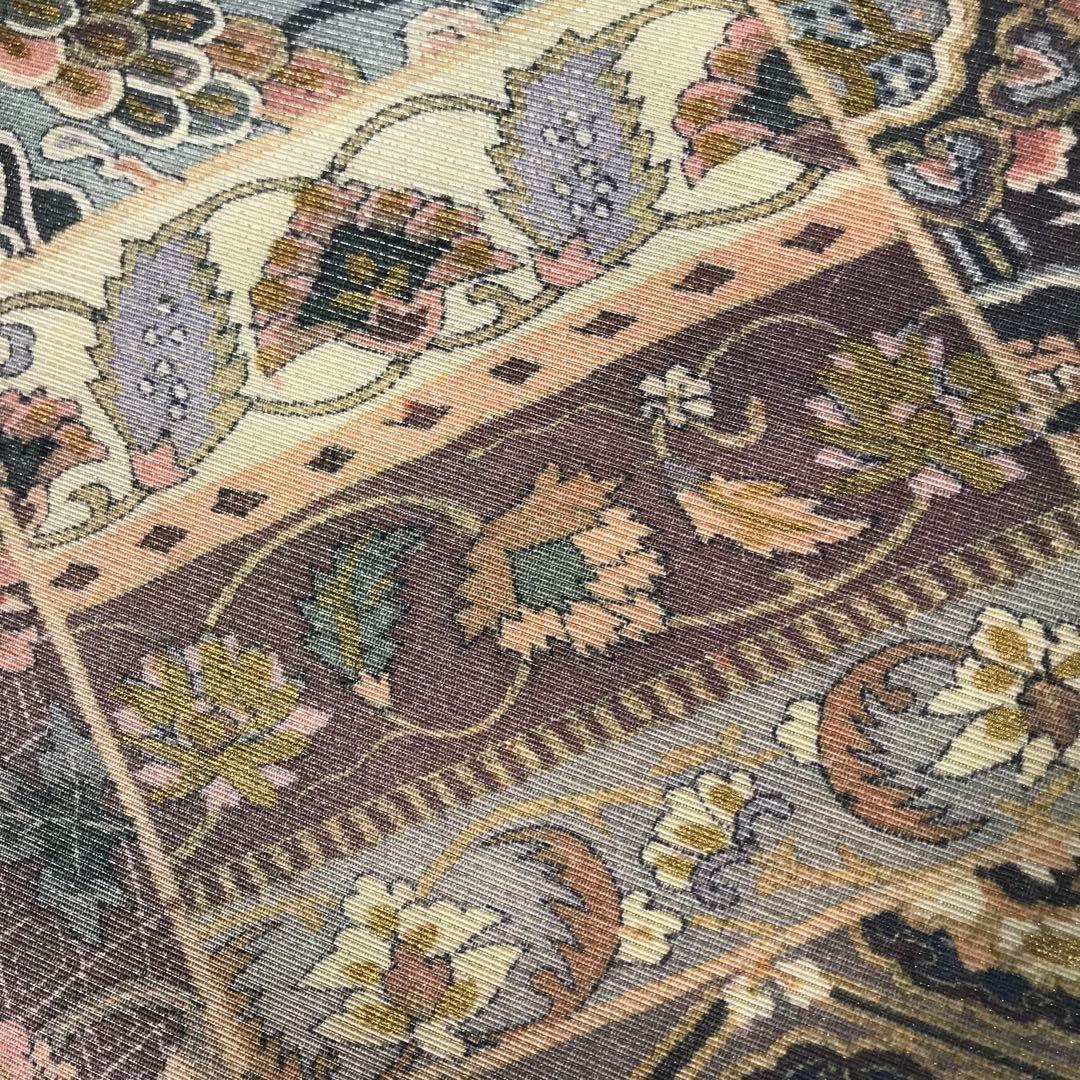 FF-192 袋帯 銀通し 正絹 太鼓柄 オリエンタル ボタニカル 美品