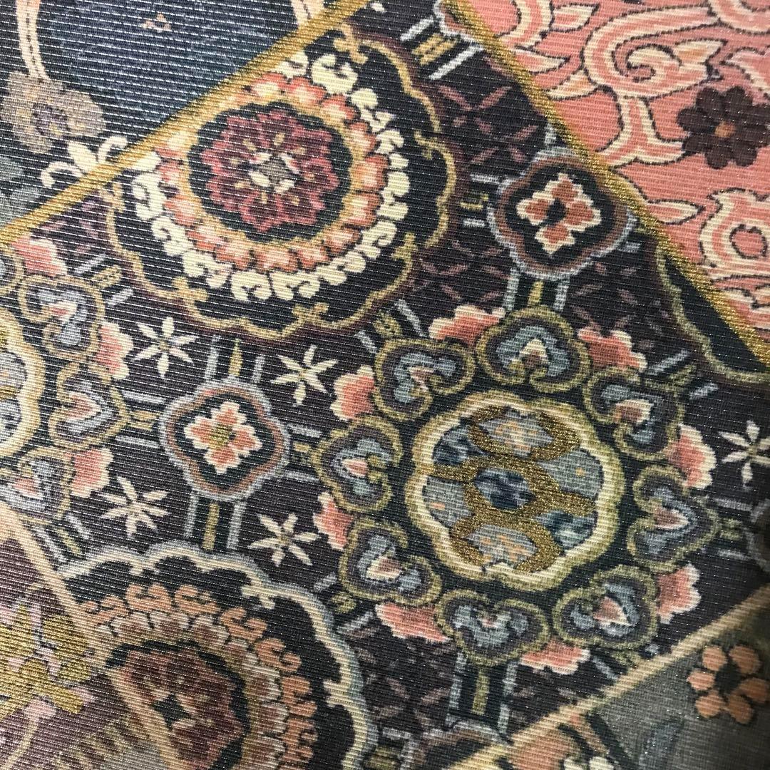 FF-192 袋帯 銀通し 正絹 太鼓柄 オリエンタル ボタニカル 美品