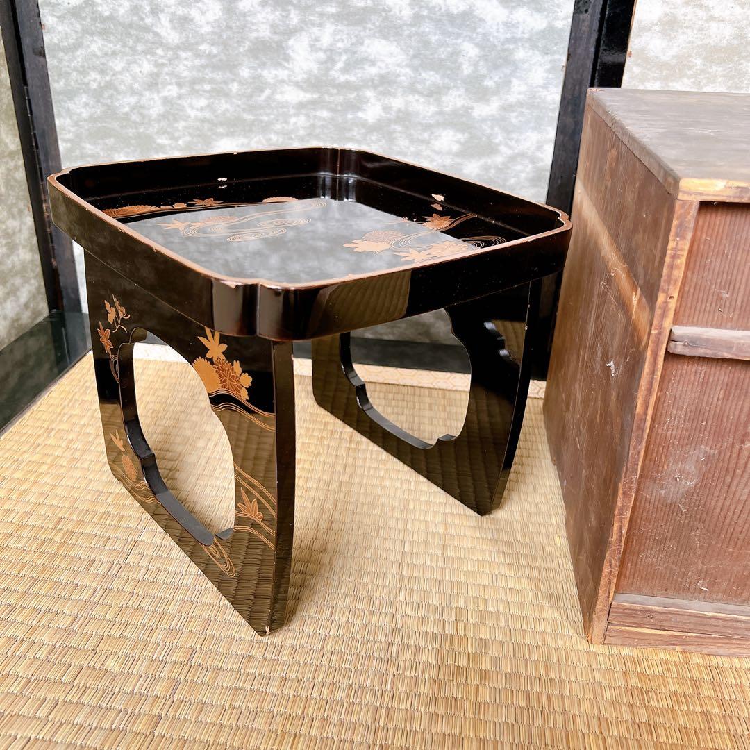 蒔絵　漆器 膳　黒漆足付き一人膳　木製　御膳台　アンティーク　元箱あり