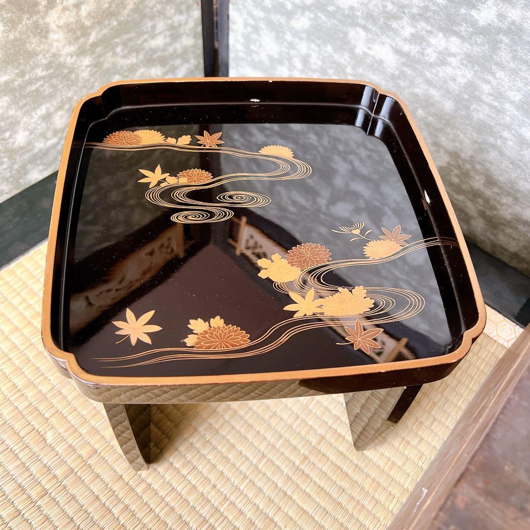 蒔絵　漆器 膳　黒漆足付き一人膳　木製　御膳台　アンティーク　元箱あり