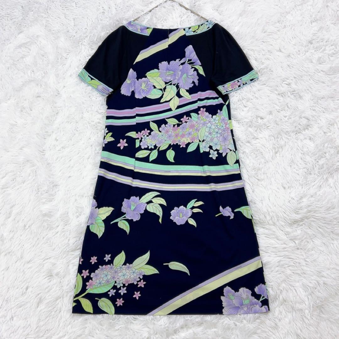 レオナール ワンピース カンカン 総柄 花 Aライン 40 L相当 ネイビー