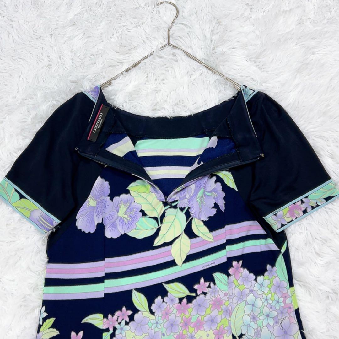 レオナール ワンピース カンカン 総柄 花 Aライン 40 L相当 ネイビー