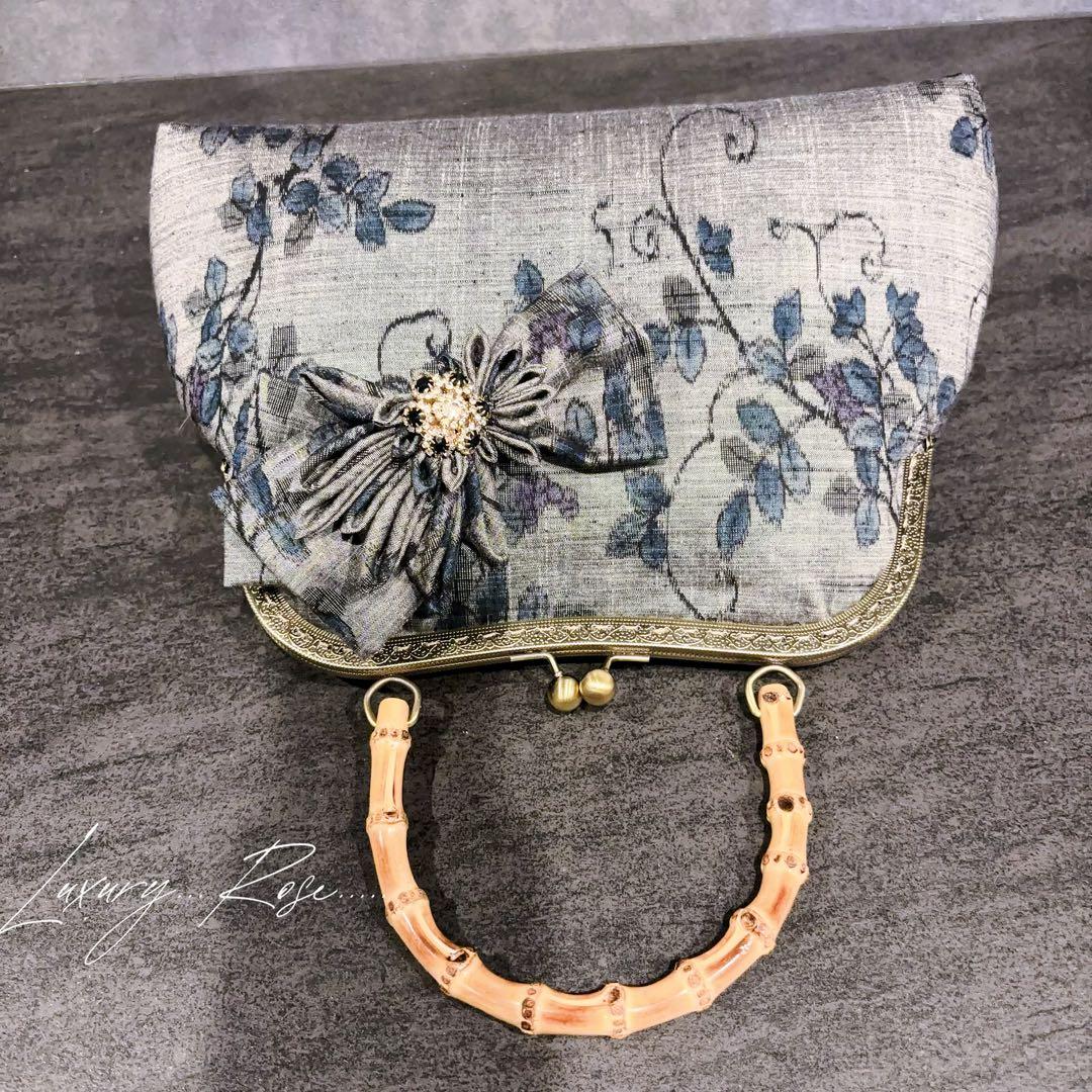 新作　和の心シリーズ洗練された大きめバンブー紬の優しい艶感つまみ細工飾りを添えて