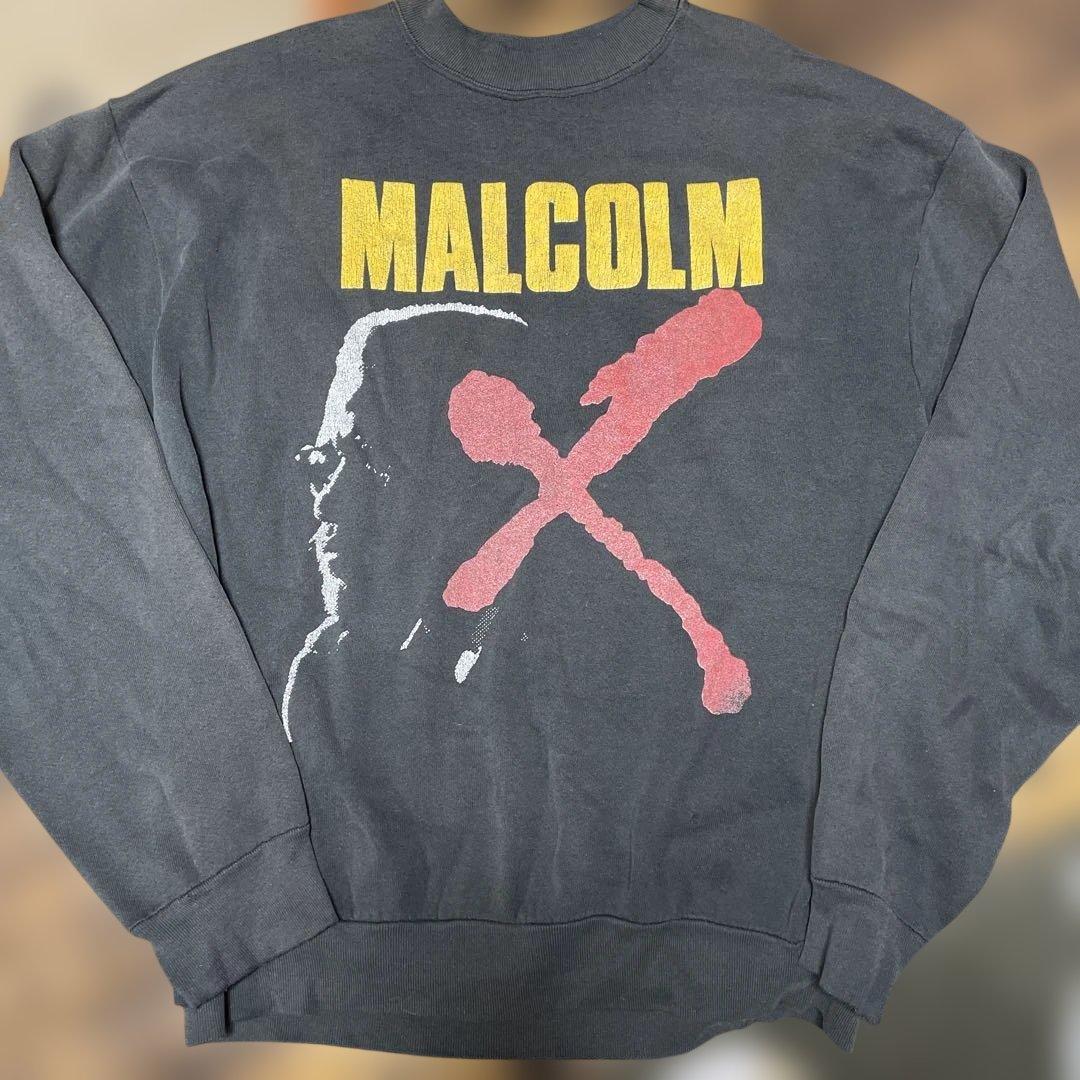 90sMALCOLM XスウェットUSA製両面プリントブラックフェードビンテージ