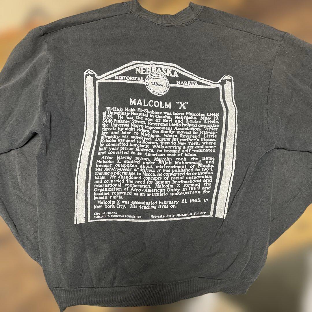 90sMALCOLM XスウェットUSA製両面プリントブラックフェードビンテージ