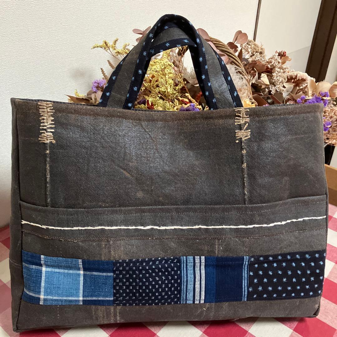 酒袋柿渋染め古布藍染め雪ん子絣格子木綿パッチワークトートバッグ 刺し子男女兼用