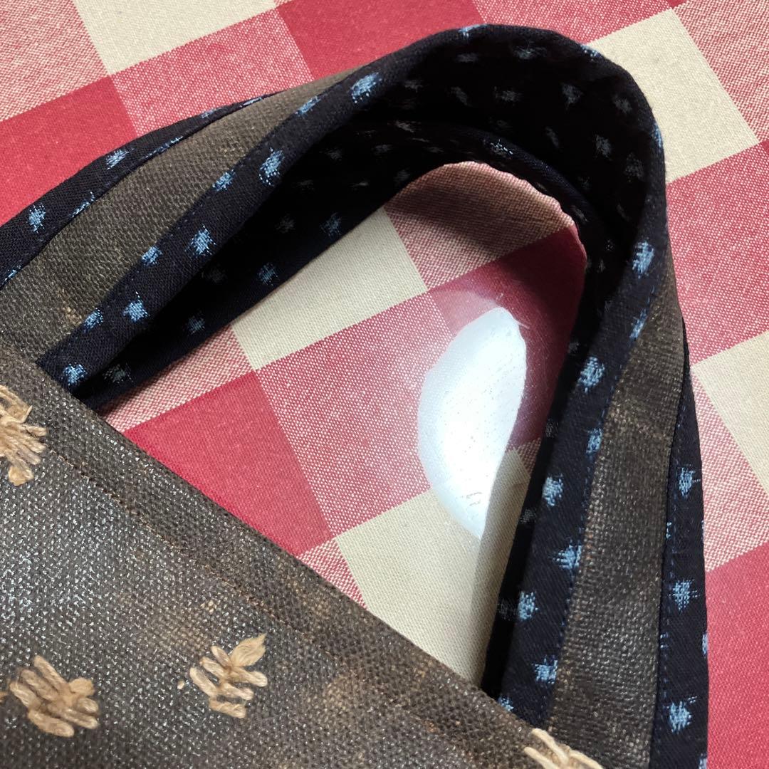 酒袋柿渋染め古布藍染め雪ん子絣格子木綿パッチワークトートバッグ 刺し子男女兼用