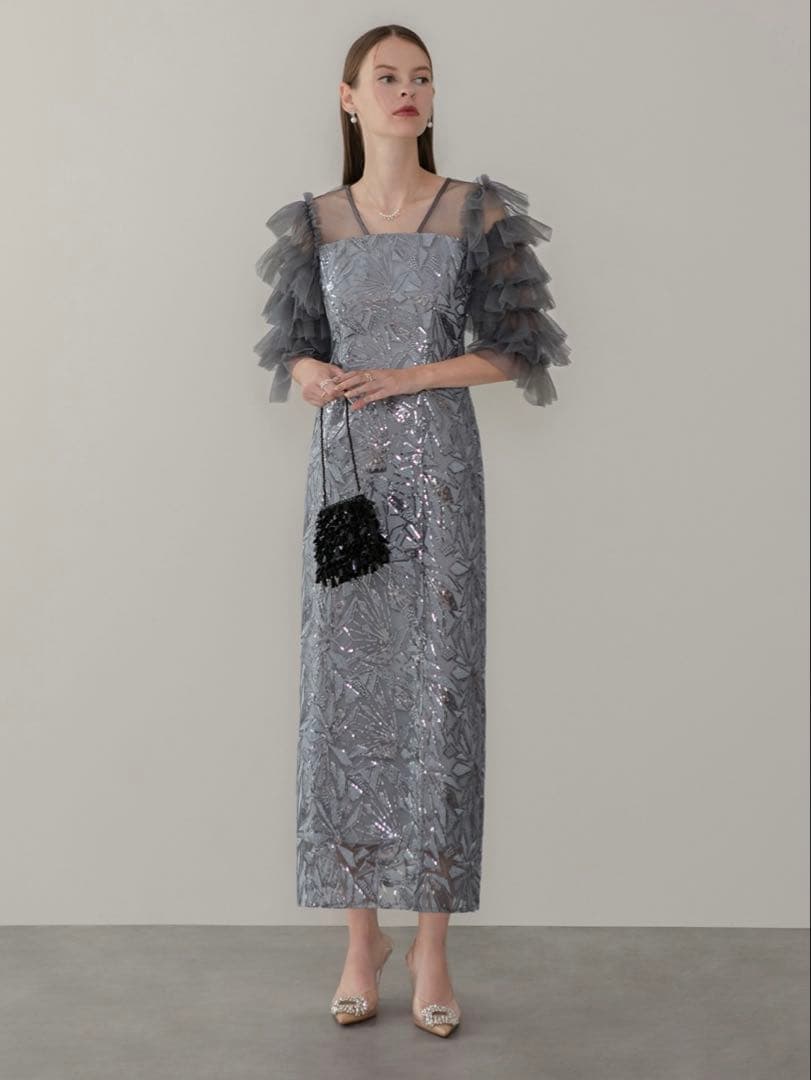 チュールフリルスリーブスパンコールIラインワンピースドレス結婚式パーティー二次会