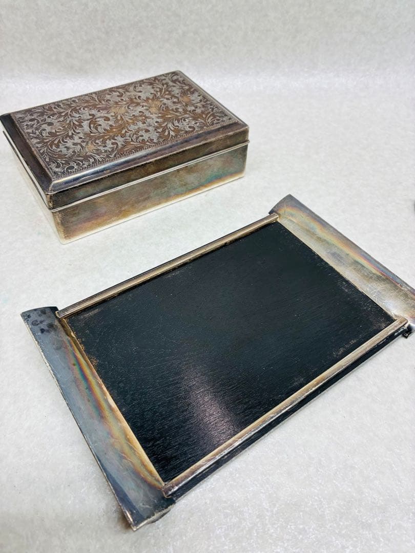 D0104）銀製品 銀縁唐木煙草盆一式 ボンボニエール シガレットケース 煙草盆