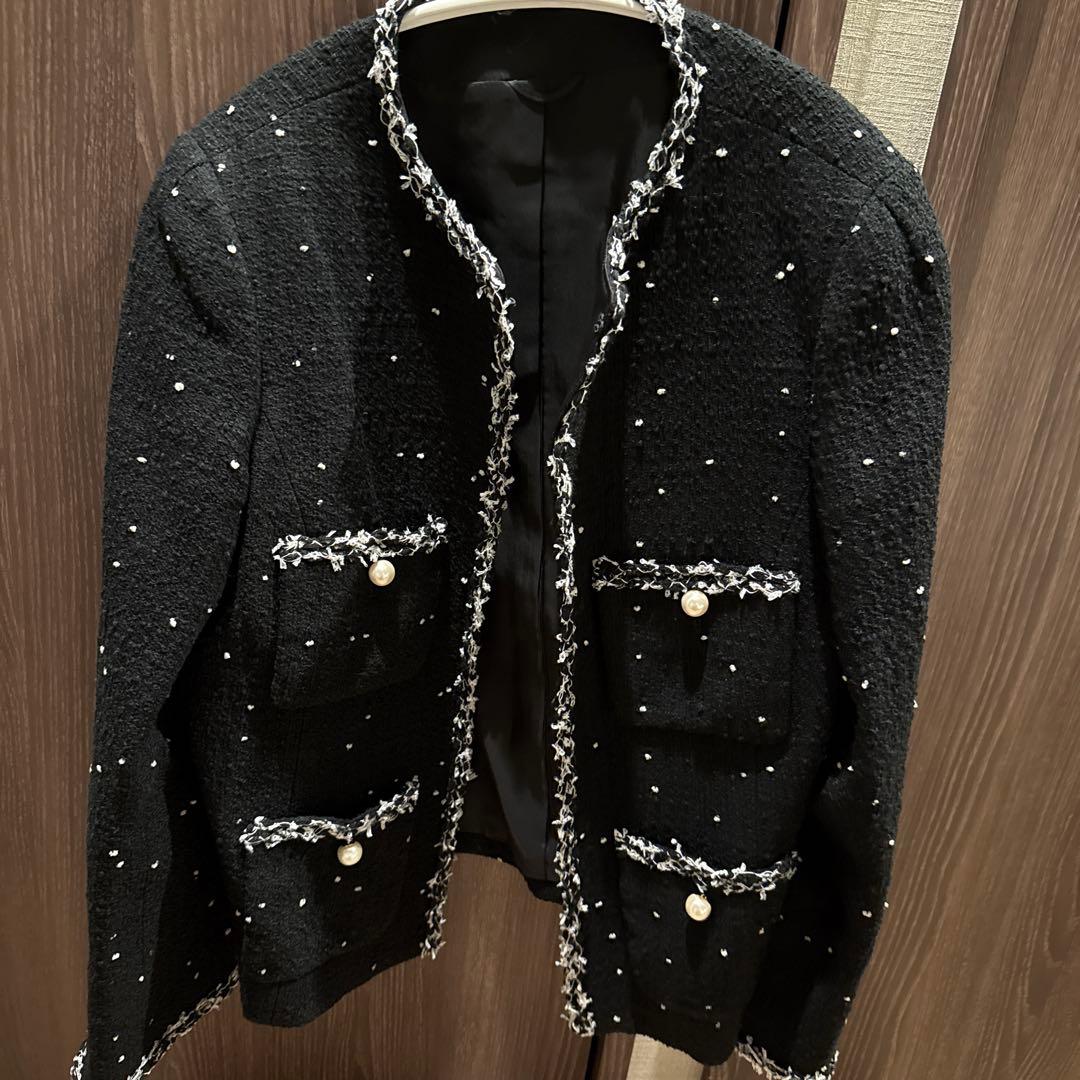 2025年新作ミニドットツイードノーカラー ジャケット　アナイ