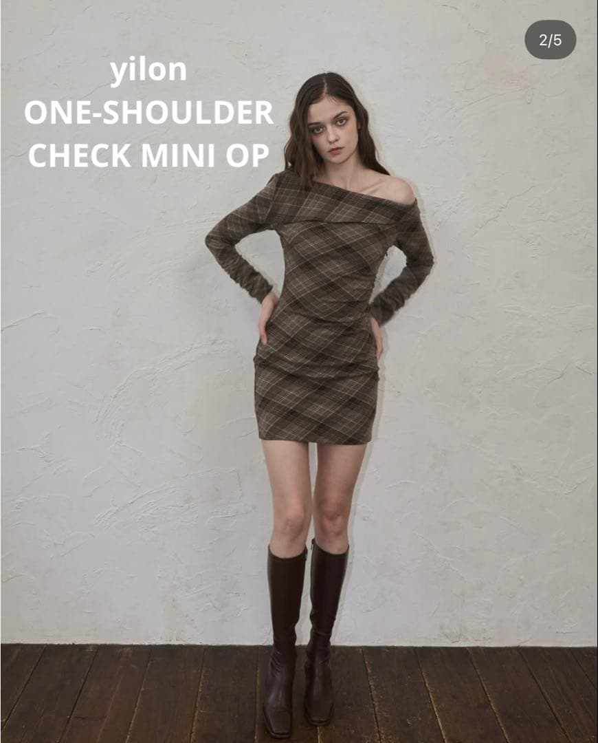 yilon ONE-SHOULDER CHECK MINI OP ミニワンピース