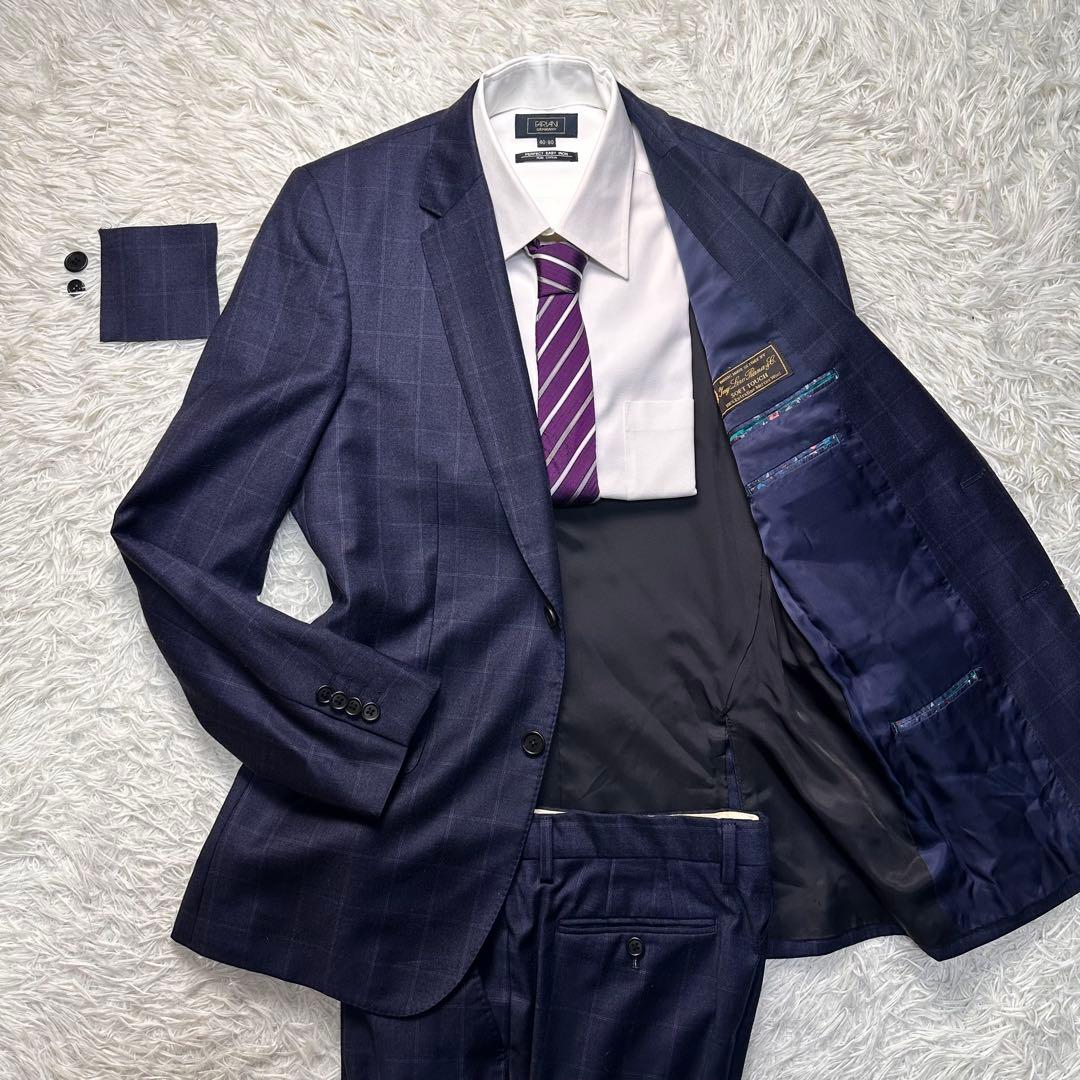 現行 極美品 ポールスミス ロロピ生地 光沢 セットアップ ネイビー 総裏 L