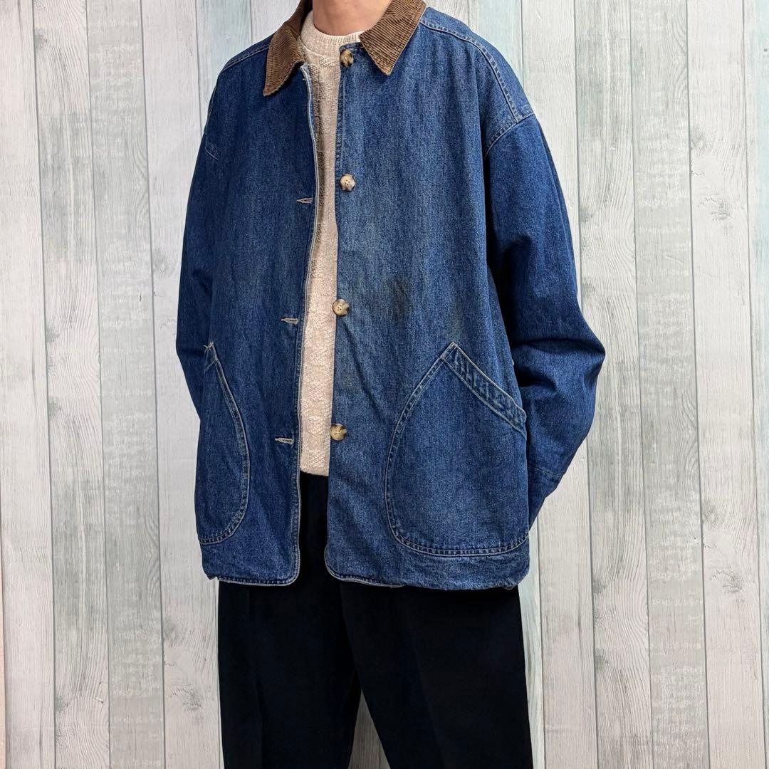 グレートランド デニムカバーオール 2XL コーデュロイ襟 チェック裏地