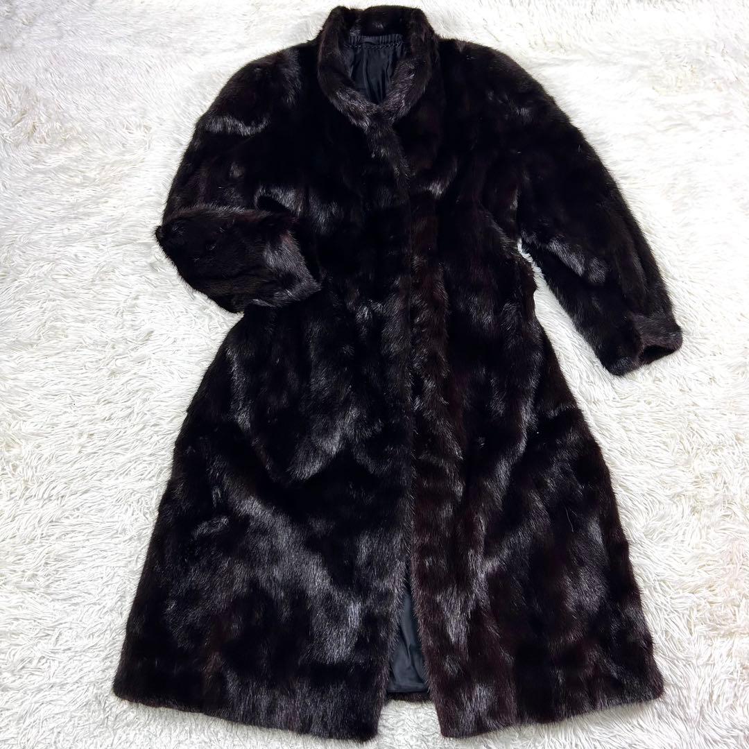 極艶 希少丈111cm ミンク リアルファー ロングコート 刺繡 ダークブラウン