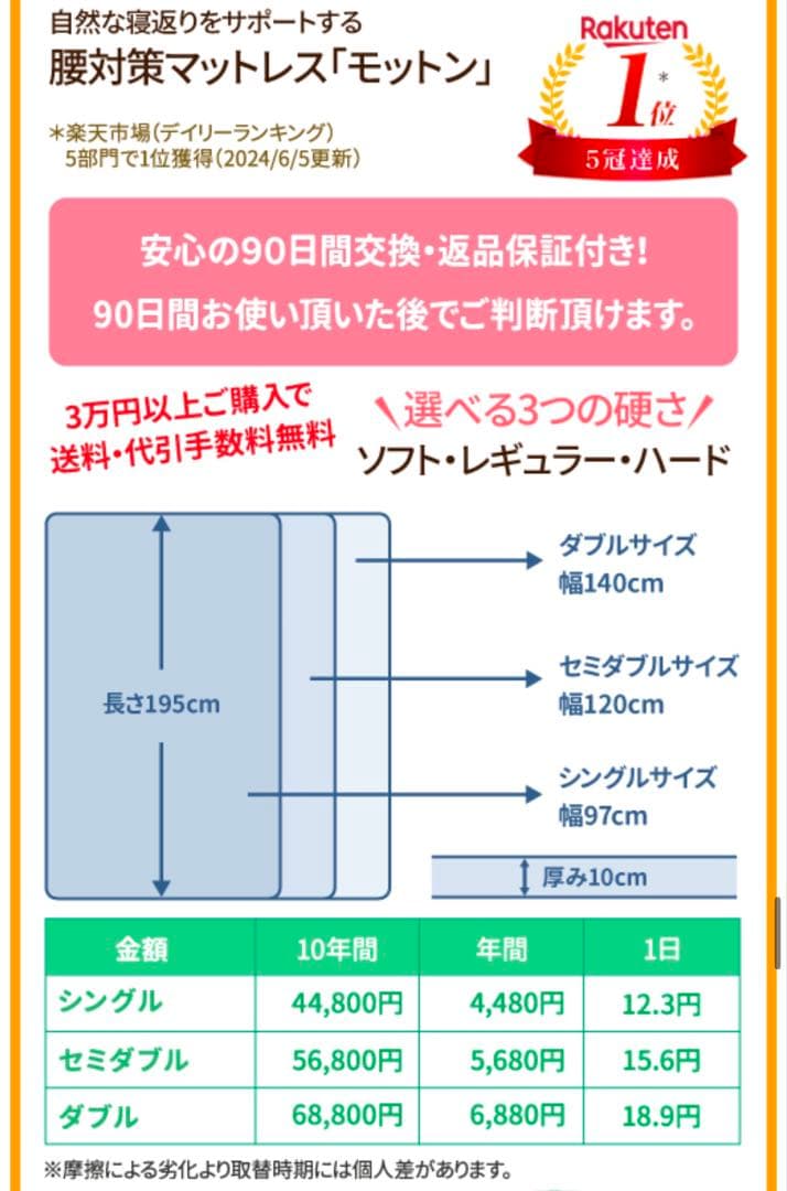 腰痛対策マットレス　モットン【セミダブル】高反発レギュラー170N