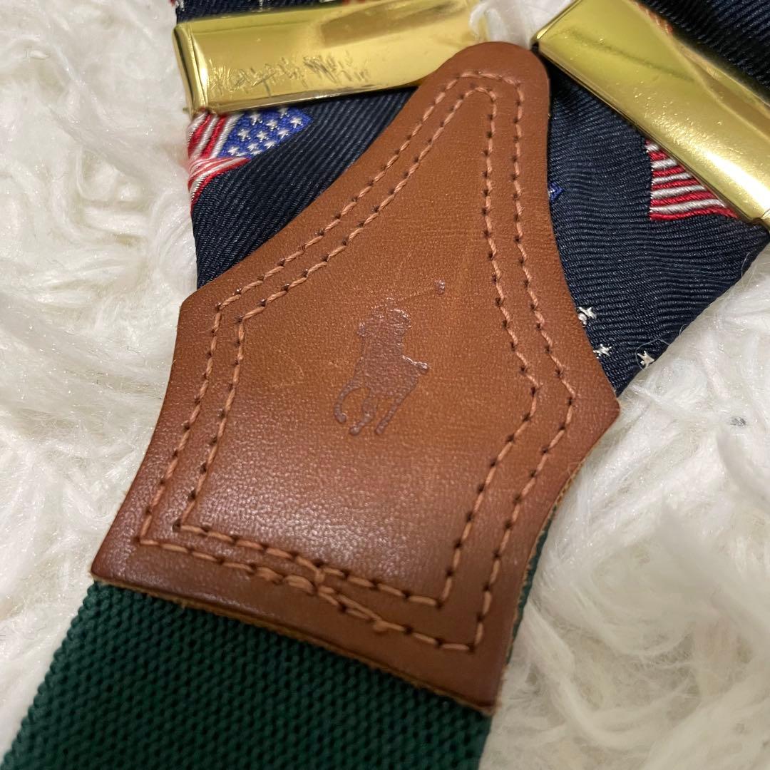 美品 ポロラルフローレン サスペンダー フラッグ柄 星条旗 ロゴ刻印 本革