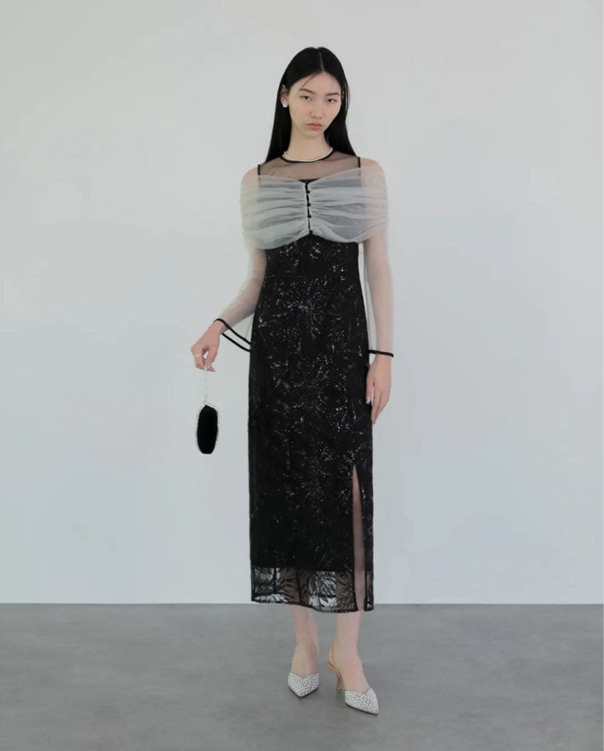 LEJA チュールオフショルダー花柄Iラインドレス ブラック　S