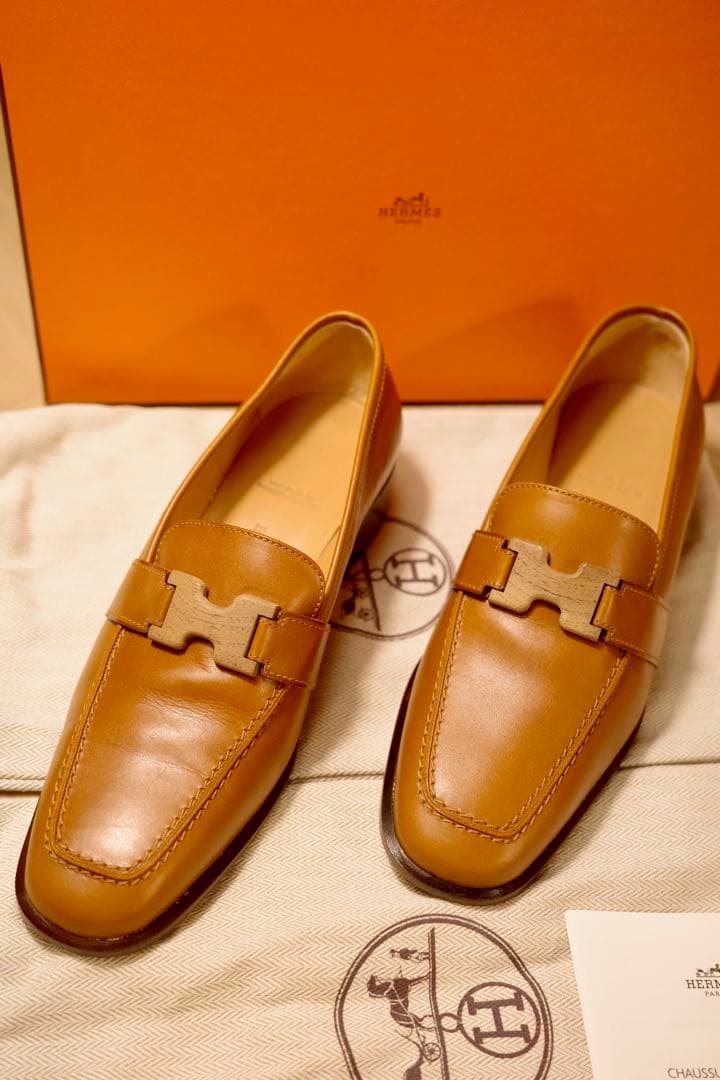 【正規品・極美品】 HERMES ローファー 36.5 木製Hバックル 箱付き