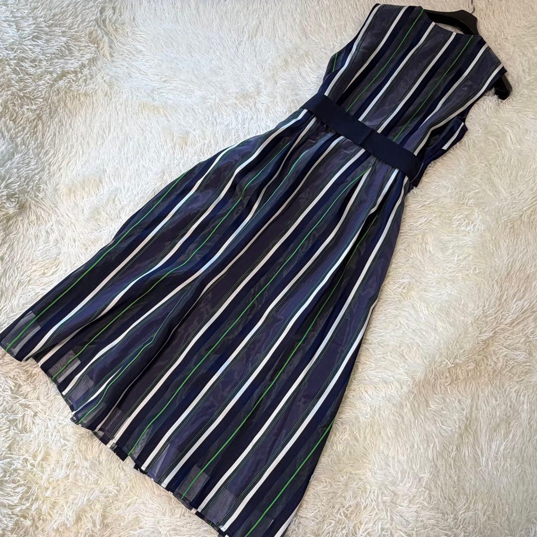 美品　グレースクラス　シアーストライプJQワンピース　ロング　ウエストリボン