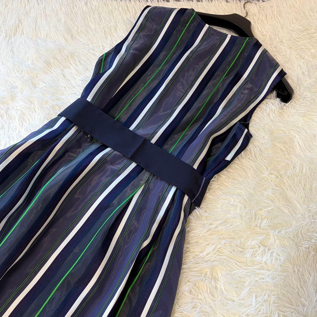 美品　グレースクラス　シアーストライプJQワンピース　ロング　ウエストリボン