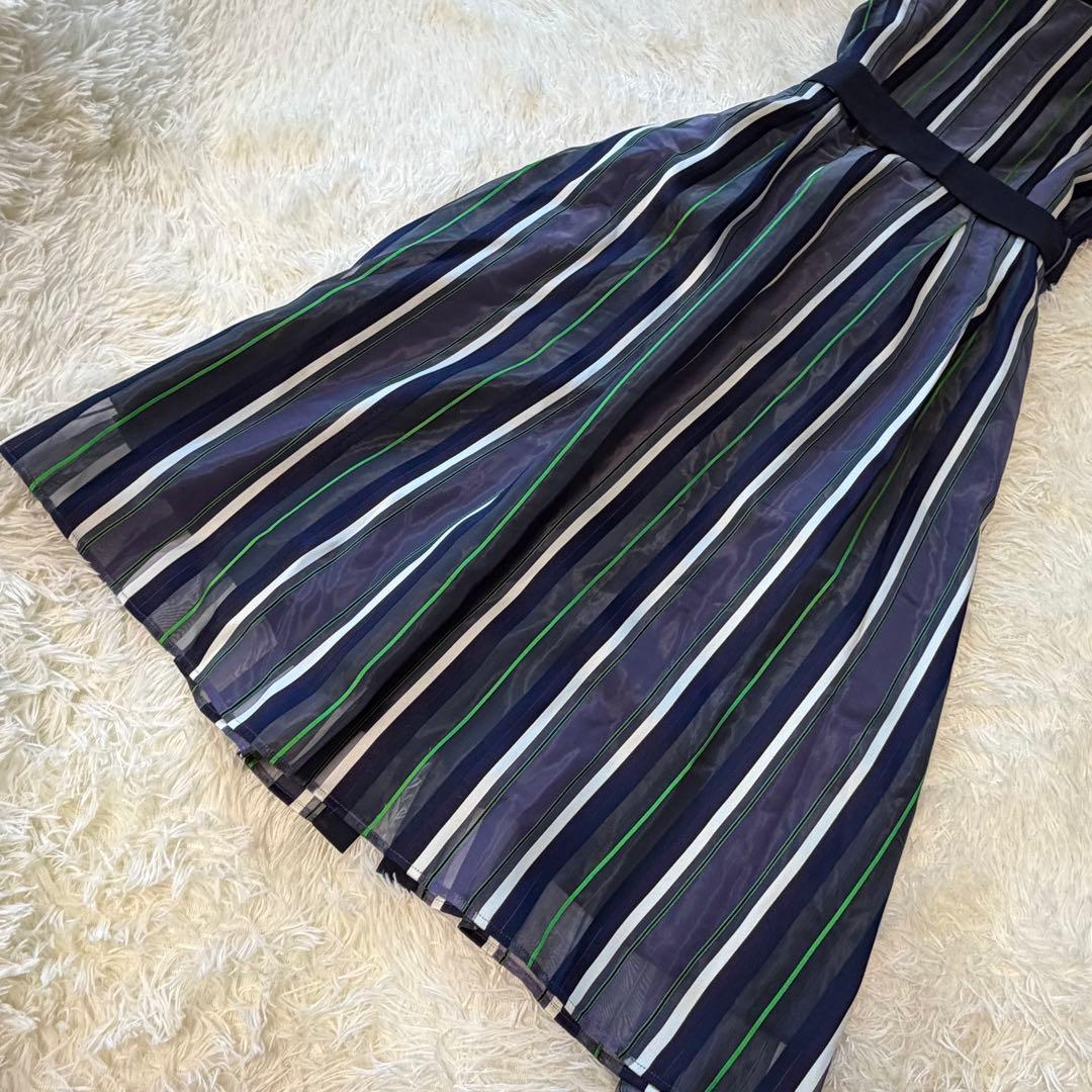 美品　グレースクラス　シアーストライプJQワンピース　ロング　ウエストリボン