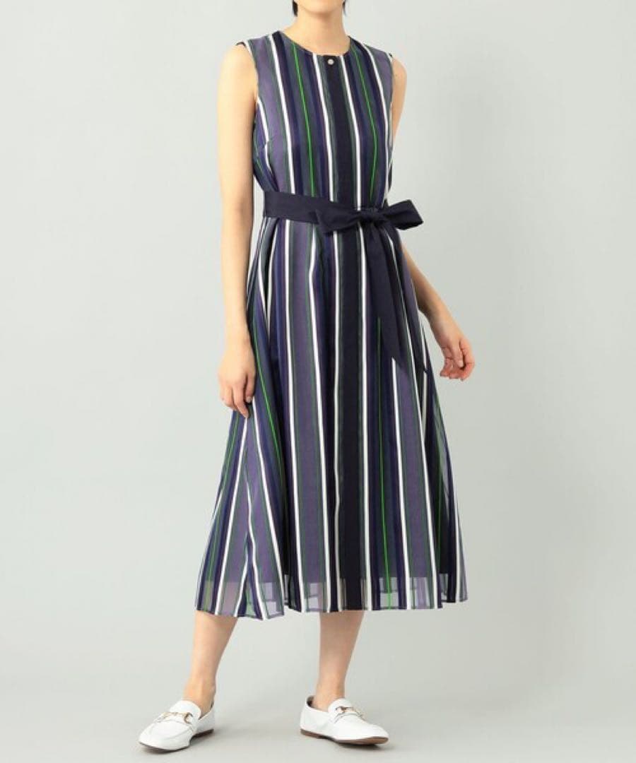 美品　グレースクラス　シアーストライプJQワンピース　ロング　ウエストリボン