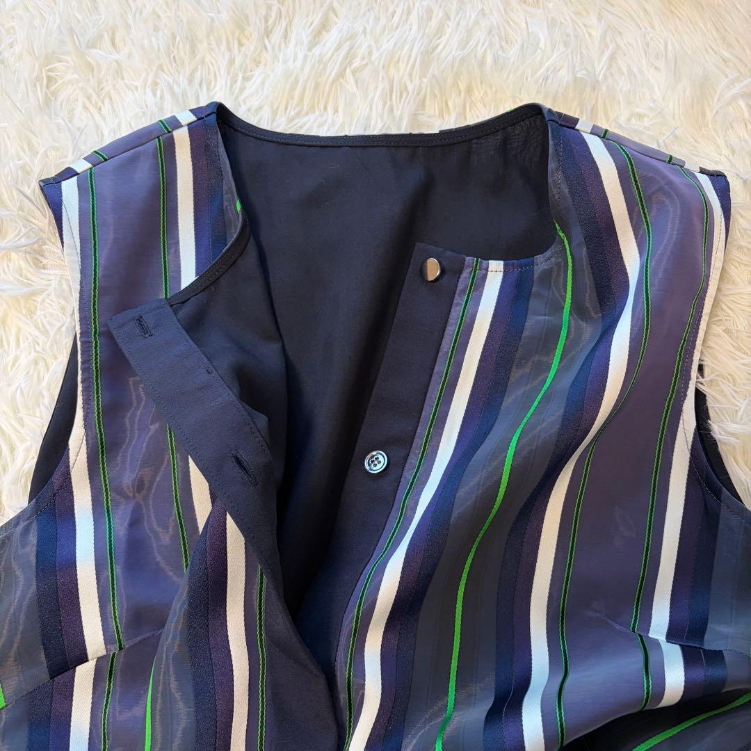 美品　グレースクラス　シアーストライプJQワンピース　ロング　ウエストリボン