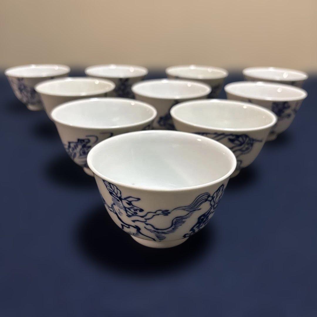 真葛焼　汲み出し　十客　鳥羽絵　湯呑