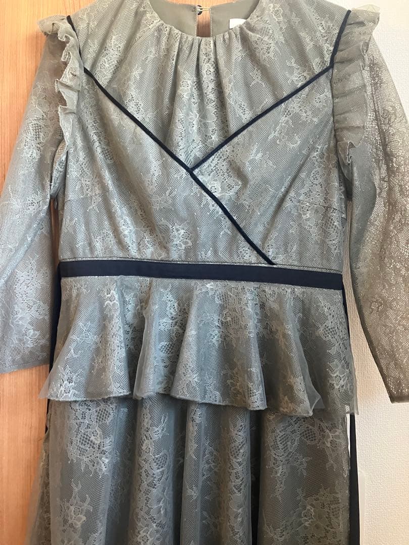 Leja リボン　総レース ドレス フレア グリーン　S ロングワンピース