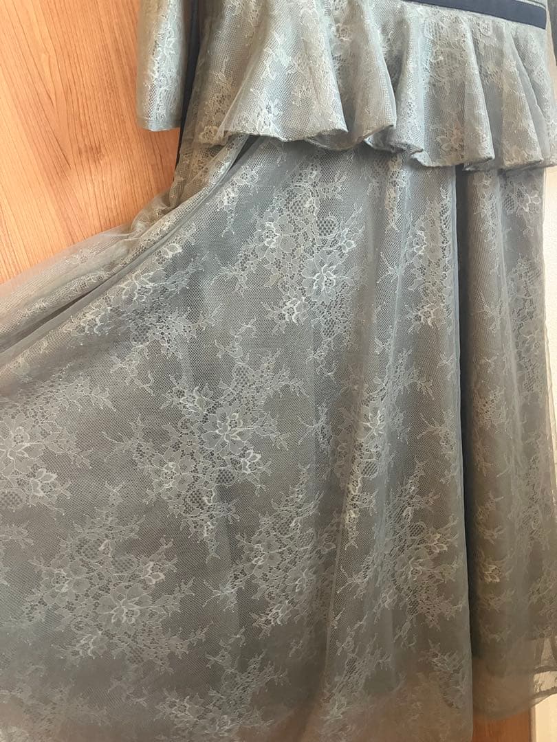 Leja リボン　総レース ドレス フレア グリーン　S ロングワンピース