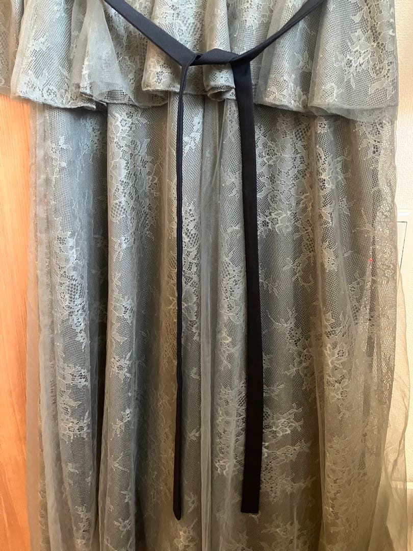 Leja リボン　総レース ドレス フレア グリーン　S ロングワンピース