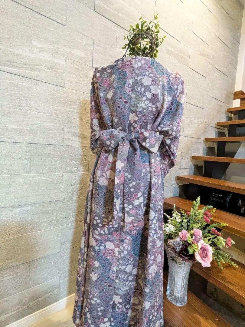 A272着物リメイク辻が花柄Aラインワンピース★リボン・ブローチ