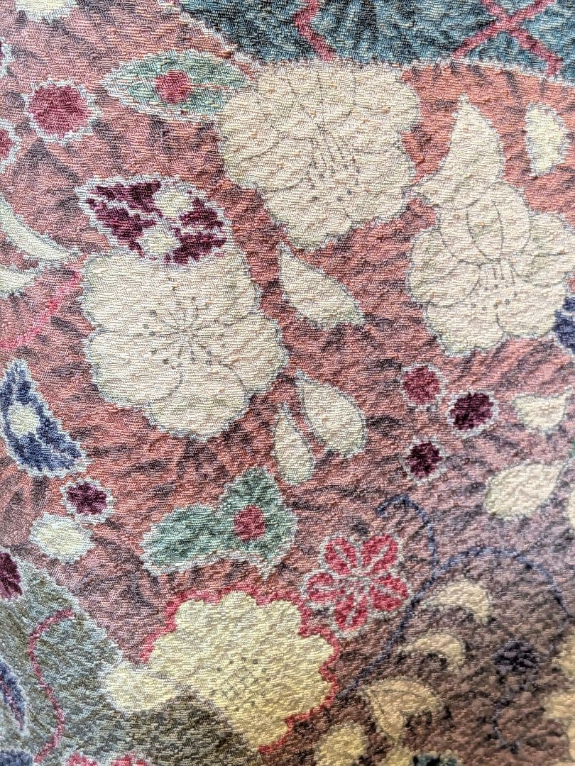 A272着物リメイク辻が花柄Aラインワンピース★リボン・ブローチ