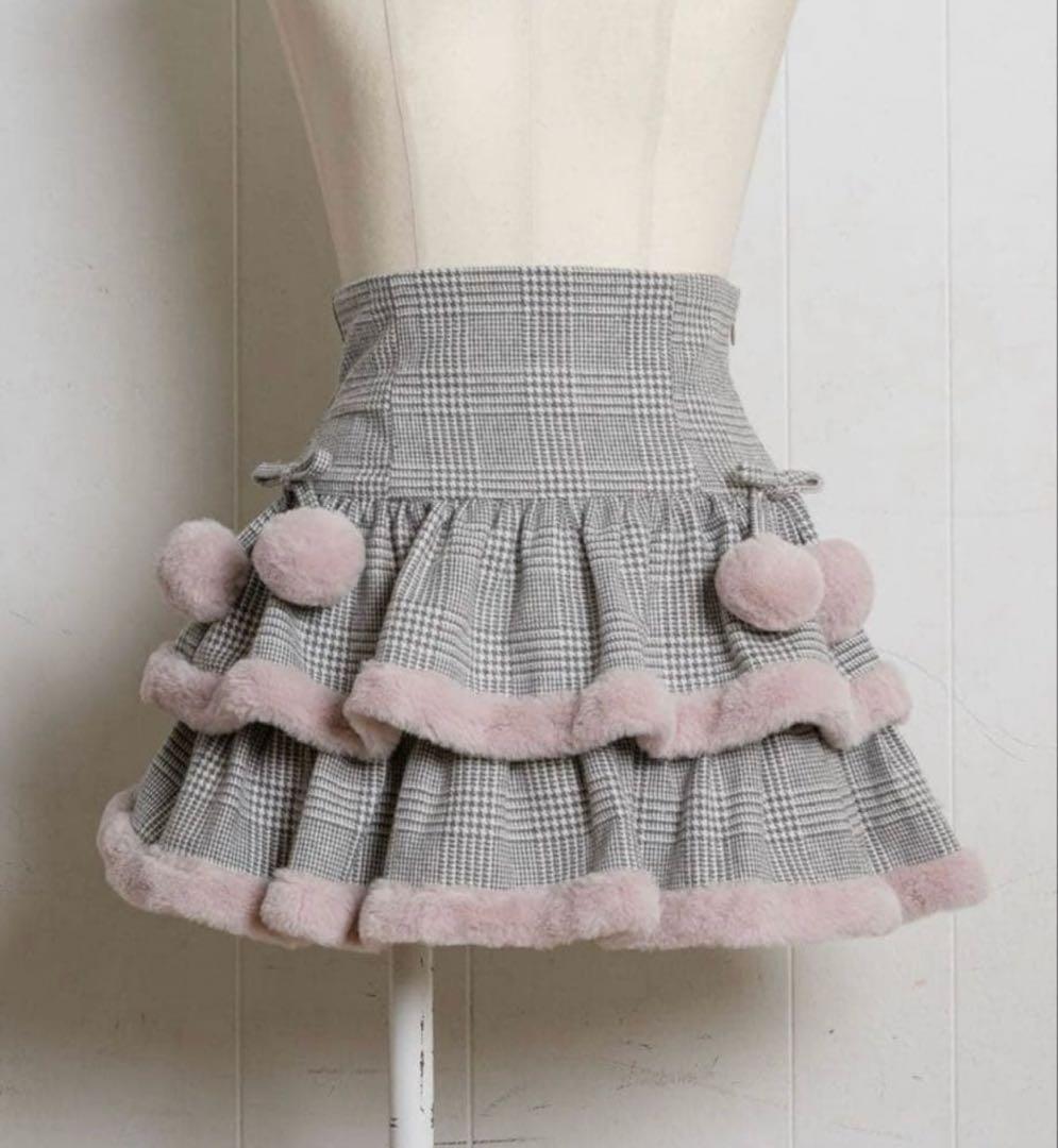pium ファー付きティアードミニスカート グレーチェック