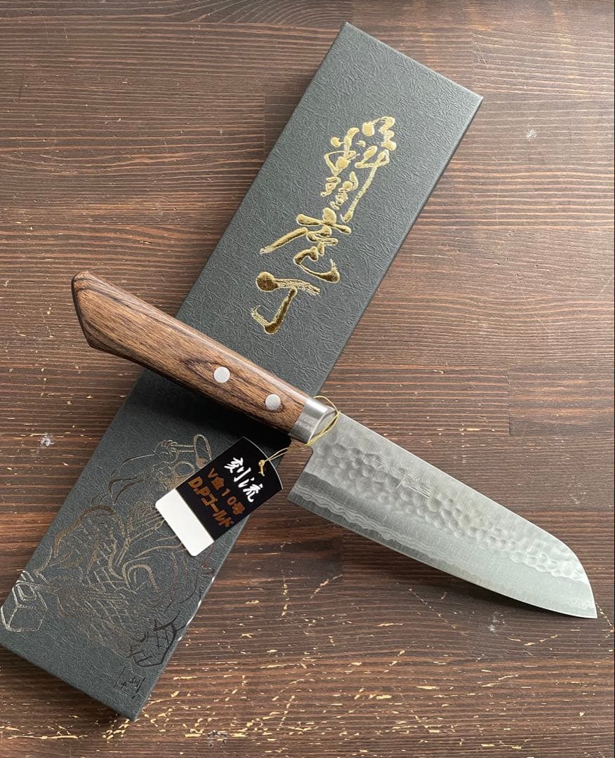 増谷刃物 訓平作 三徳包丁 VG10ステンレス 積層槌目 刻流 口金有 スコッチ