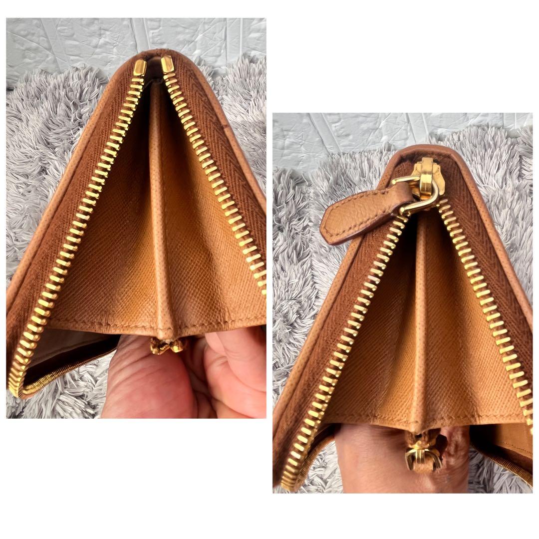 美品✨PRADA ラウンドファスナー　キルティング　長財布　メタルロゴ　キャメル