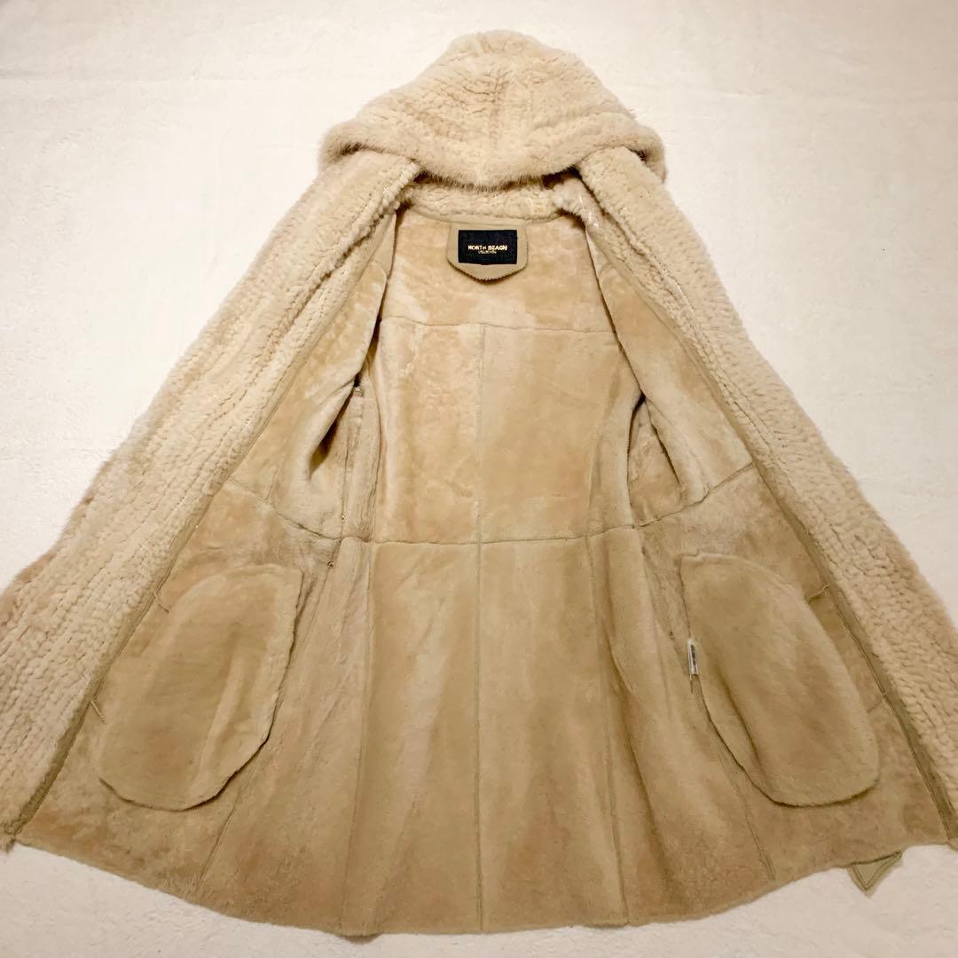 【美品】ノースビーチ リアルムートン ミンク毛皮 フーデッド　コート ベルト付き