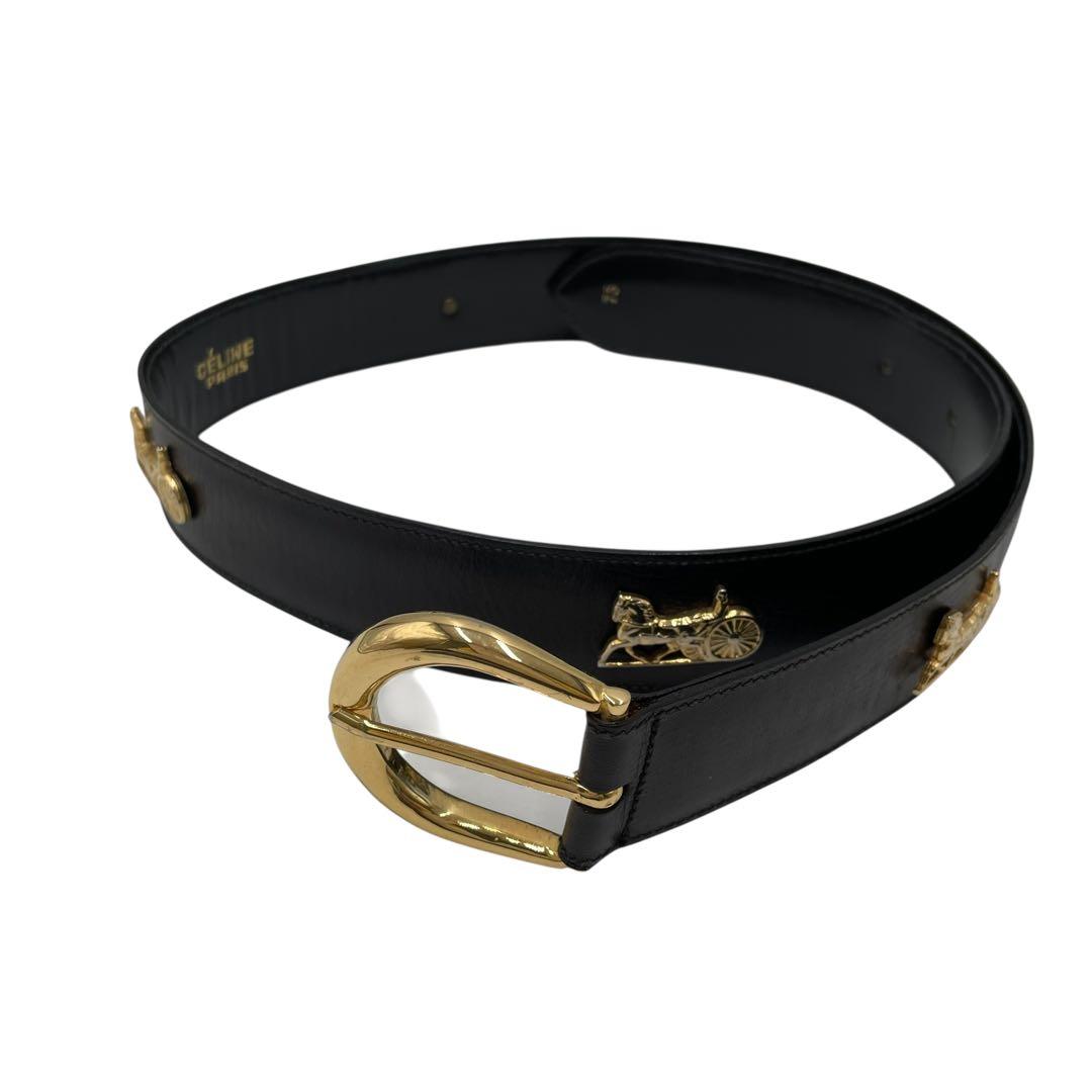 美品CELINE✨セリーヌ　ベルト　レザー　馬車ロゴ　黒 ゴールド　レディース