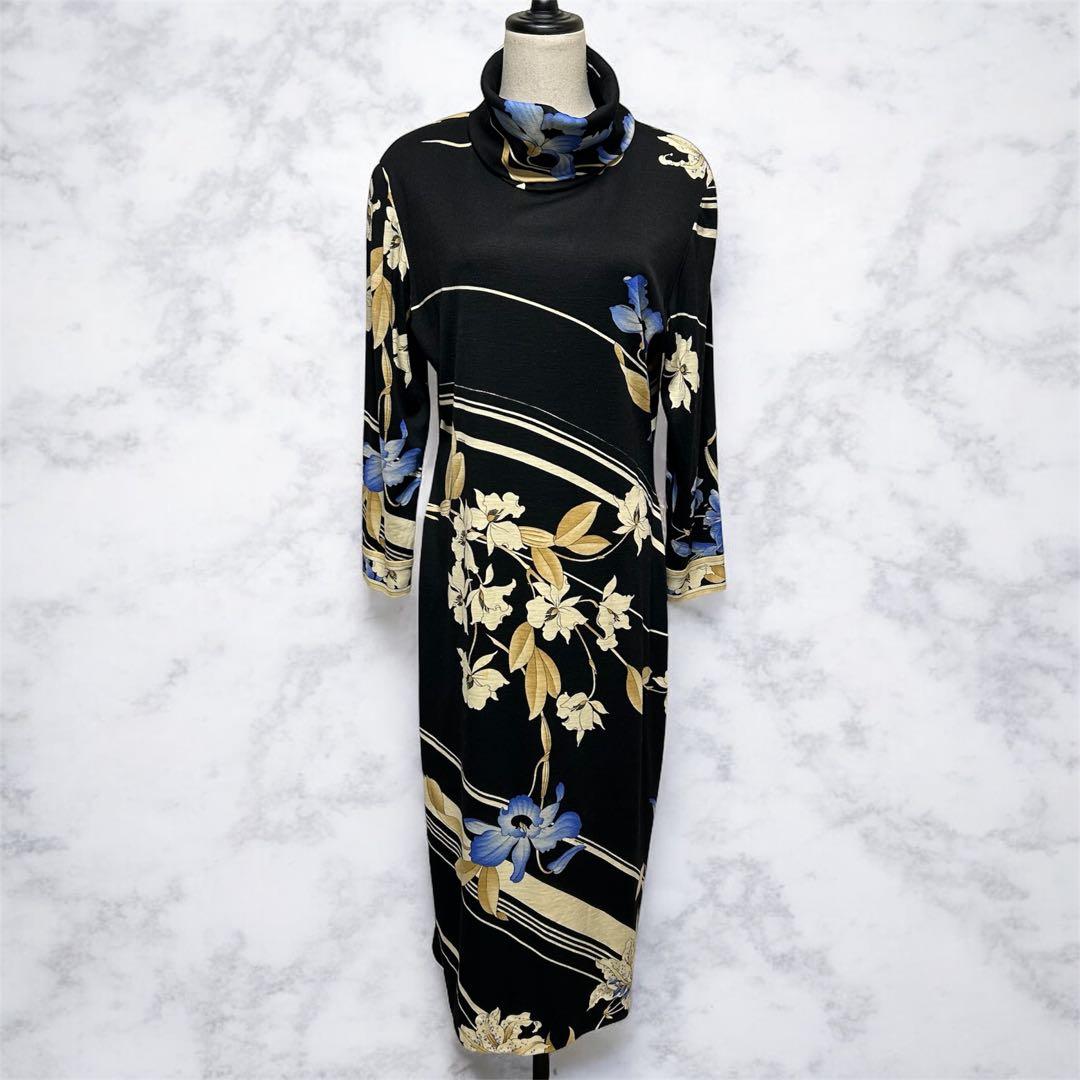 レオナール ウール100％ タートルネック ニット 花柄 ロングワンピース 黒